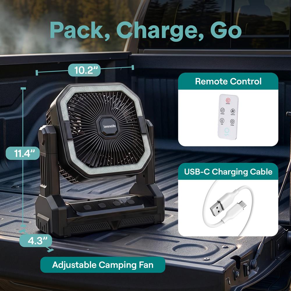 Serenelife Portable Camping Fan With 10,000Mah Battery, Adjustable Height, 4 Speeds, Led Light & Usb-C Rechargeable Design – Ideal For Outdoor Use (Black)