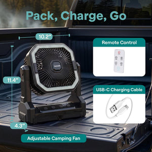 Serenelife Portable Camping Fan With 10,000Mah Battery, Adjustable Height, 4 Speeds, Led Light & Usb-C Rechargeable Design – Ideal For Outdoor Use (Black)