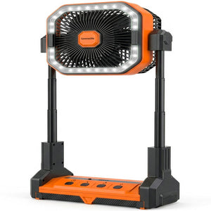 Serenelife Portable Camping Fan With 10,000Mah Battery, Adjustable Height, 4 Speeds, Led Light & Usb-C Rechargeable Design – Ideal For Outdoor Use (Orange)