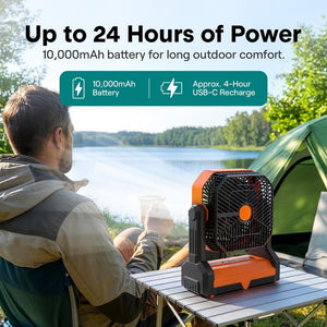 Serenelife Portable Camping Fan With 10,000Mah Battery, Adjustable Height, 4 Speeds, Led Light & Usb-C Rechargeable Design – Ideal For Outdoor Use (Orange)