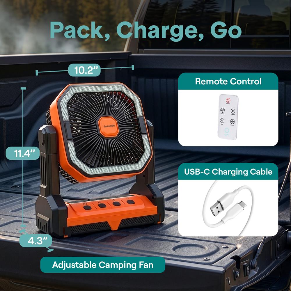 Serenelife Portable Camping Fan With 10,000Mah Battery, Adjustable Height, 4 Speeds, Led Light & Usb-C Rechargeable Design – Ideal For Outdoor Use (Orange)