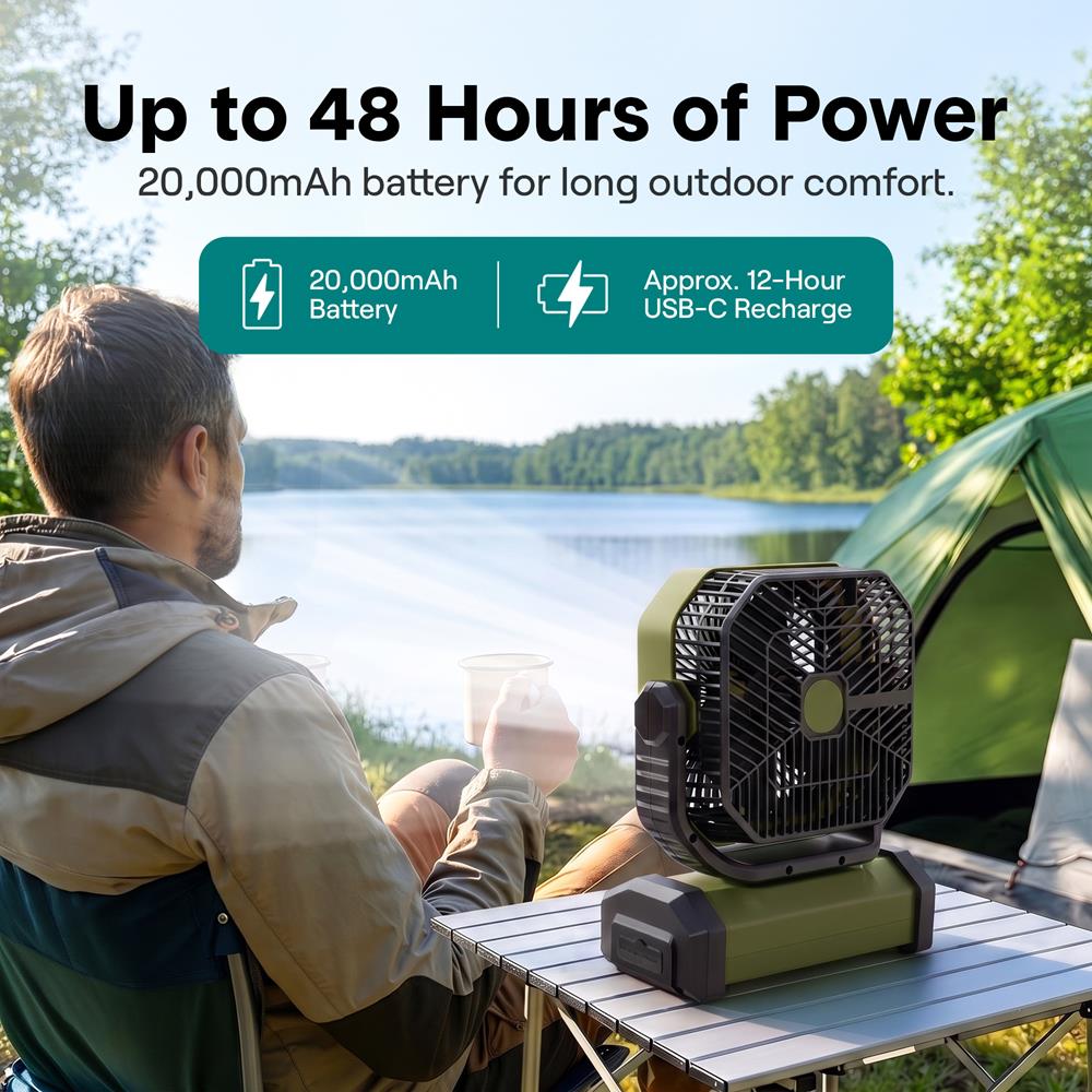 Serenelife Rechargeable Desk Camping Fan With 4 Speeds, 90°/120° Rotation, 20,000 Mah Battery – Ideal For Outdoor Use (Green)