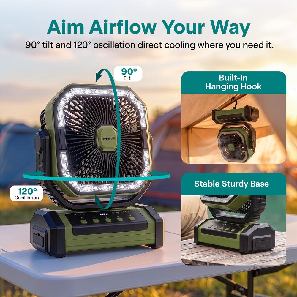 Serenelife Rechargeable Desk Camping Fan With 4 Speeds, 90°/120° Rotation, 20,000 Mah Battery – Ideal For Outdoor Use (Green)
