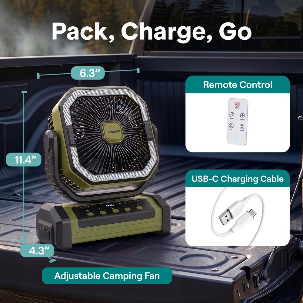 Serenelife Rechargeable Desk Camping Fan With 4 Speeds, 90°/120° Rotation, 20,000 Mah Battery – Ideal For Outdoor Use (Green)