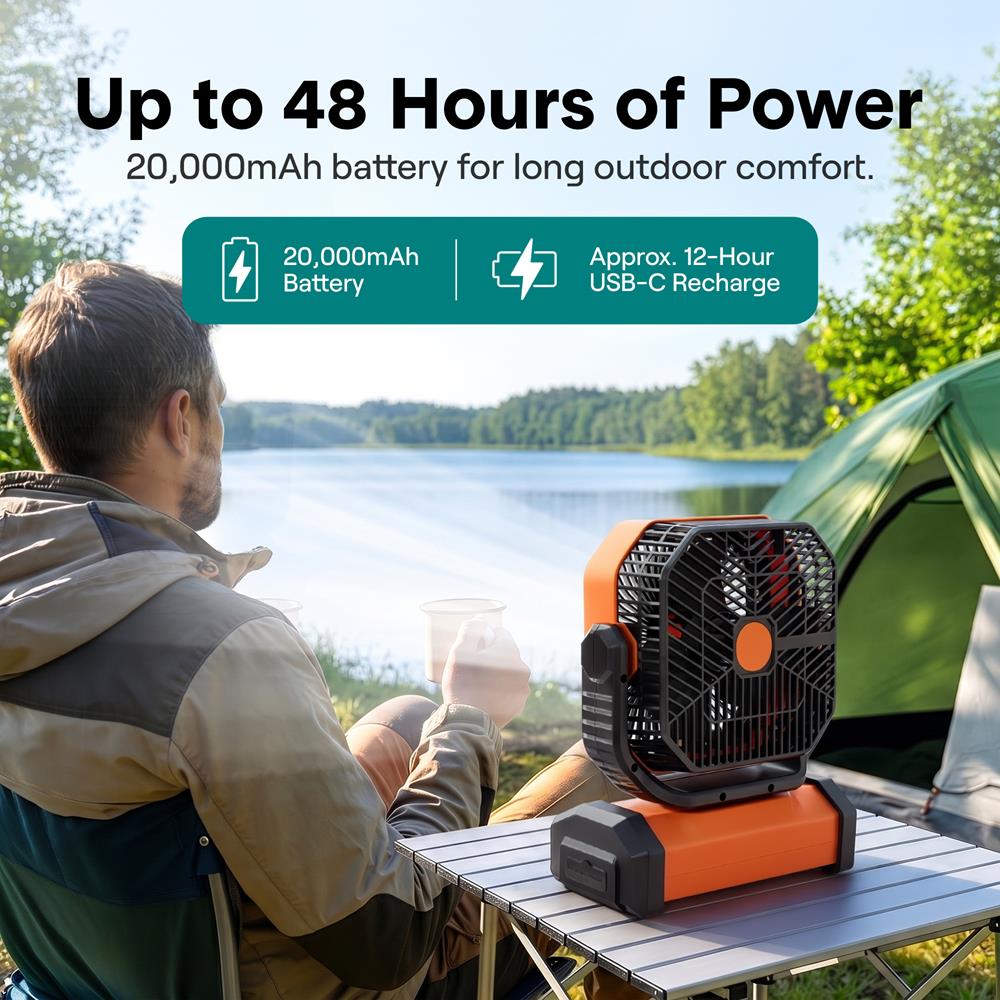 Serenelife Rechargeable Desk Camping Fan With 4 Speeds, 90°/120° Rotation, 20,000 Mah Battery – Ideal For Outdoor Use (Orange)
