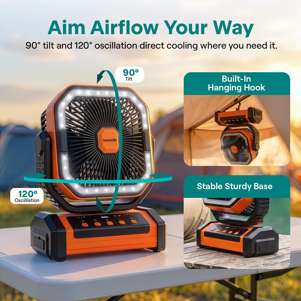 Serenelife Rechargeable Desk Camping Fan With 4 Speeds, 90°/120° Rotation, 20,000 Mah Battery – Ideal For Outdoor Use (Orange)