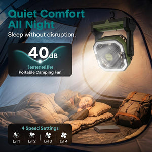 Serenelife Portable Camping Fan With  20,000Mah Battery, Adjustable Height, 4 Speeds, Led Light & Usb-C Rechargeable Design – Ideal For Outdoor Use (Green)