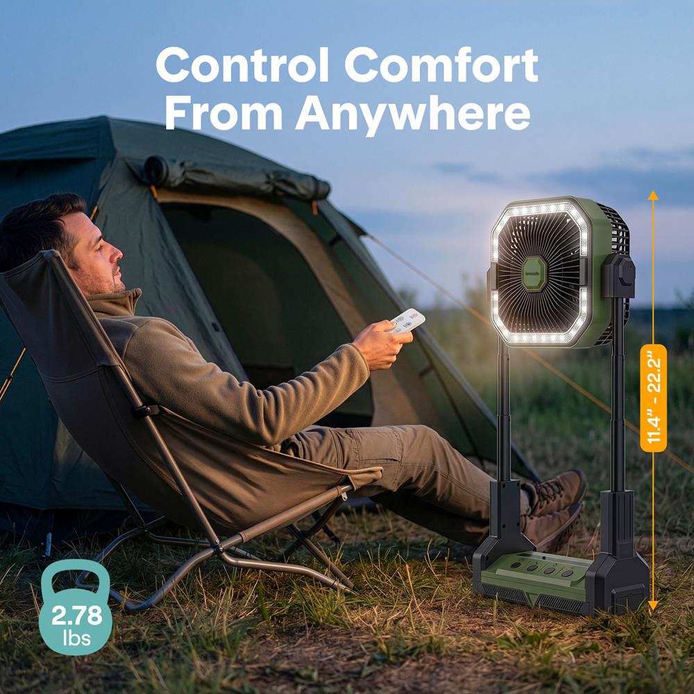 Serenelife Portable Camping Fan With  20,000Mah Battery, Adjustable Height, 4 Speeds, Led Light & Usb-C Rechargeable Design – Ideal For Outdoor Use (Green)