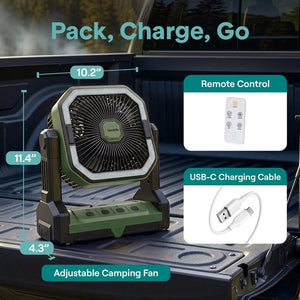 Serenelife Portable Camping Fan With  20,000Mah Battery, Adjustable Height, 4 Speeds, Led Light & Usb-C Rechargeable Design – Ideal For Outdoor Use (Green)