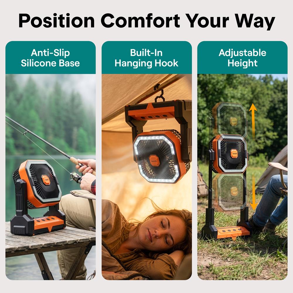 Serenelife Portable Camping Fan With 20,000Mah Battery, Adjustable Height, 4 Speeds, Led Light & Usb-C Rechargeable Design – Ideal For Outdoor Use (Orange)