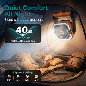 Serenelife Portable Camping Fan With 20,000Mah Battery, Adjustable Height, 4 Speeds, Led Light & Usb-C Rechargeable Design – Ideal For Outdoor Use (Orange)