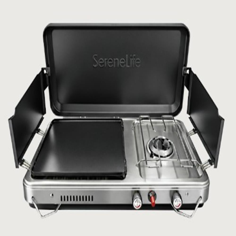 Serenelife Propane Stove With Griddle - Black Ceramic Aluminum Griddle And Cooking Burner-In-One With Piezo Ignition, Powder-Coated Lid, Windshield, And Case For Outdoor Cooking And Backyard Use, Includes Regulator And Gas Tube (Silver And Black)