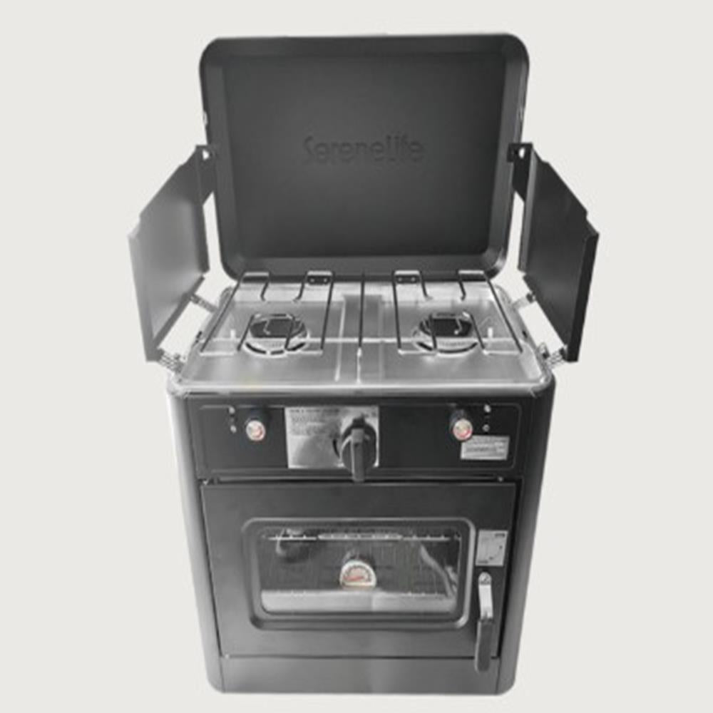 Serenelife Double Burner With Oven - Double Cooking Burner And Oven-In-One With Electroplated Metal Pot Support, Piezo Ignition, Powder-Coated Body For Outdoor Cooking And Backyard Use, Includes Local Regulator And Gas Hose (Black)
