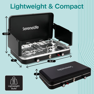 Serenelife Double Burner Stove With Electroplated Metal Pot Support, Piezo Ignition, And Powder-Coated Lid, Windshield, And Case For Outdoor Cooking And Backyard Use, Includes Regulator And Gas Tube (Black)