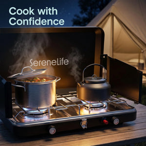 Serenelife Double Burner Stove With Electroplated Metal Pot Support, Piezo Ignition, And Powder-Coated Lid, Windshield, And Case For Outdoor Cooking And Backyard Use, Includes Regulator And Gas Tube (Black)