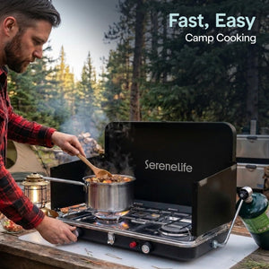 Serenelife Double Burner Stove With Electroplated Metal Pot Support, Piezo Ignition, And Powder-Coated Lid, Windshield, And Case For Outdoor Cooking And Backyard Use, Includes Regulator And Gas Tube (Black)