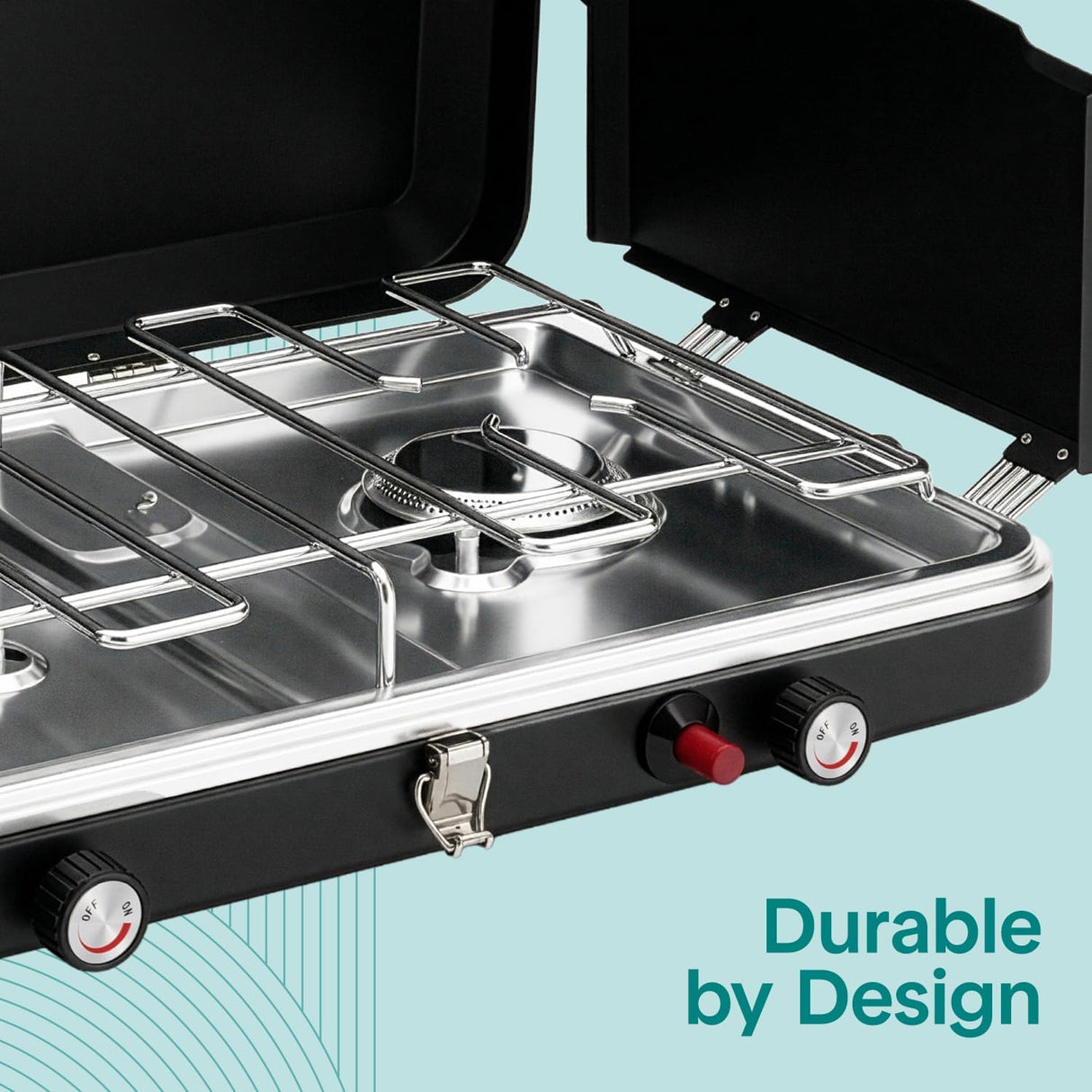 Serenelife Double Burner Stove With Electroplated Metal Pot Support, Piezo Ignition, And Powder-Coated Lid, Windshield, And Case For Outdoor Cooking And Backyard Use, Includes Regulator And Gas Tube (Black)