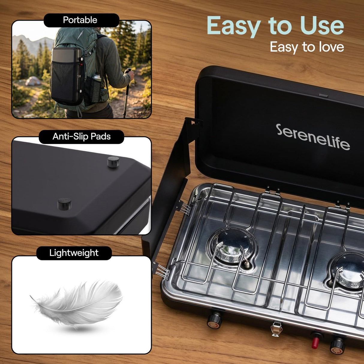 Serenelife Double Burner Stove With Electroplated Metal Pot Support, Piezo Ignition, And Powder-Coated Lid, Windshield, And Case For Outdoor Cooking And Backyard Use, Includes Regulator And Gas Tube (Black)