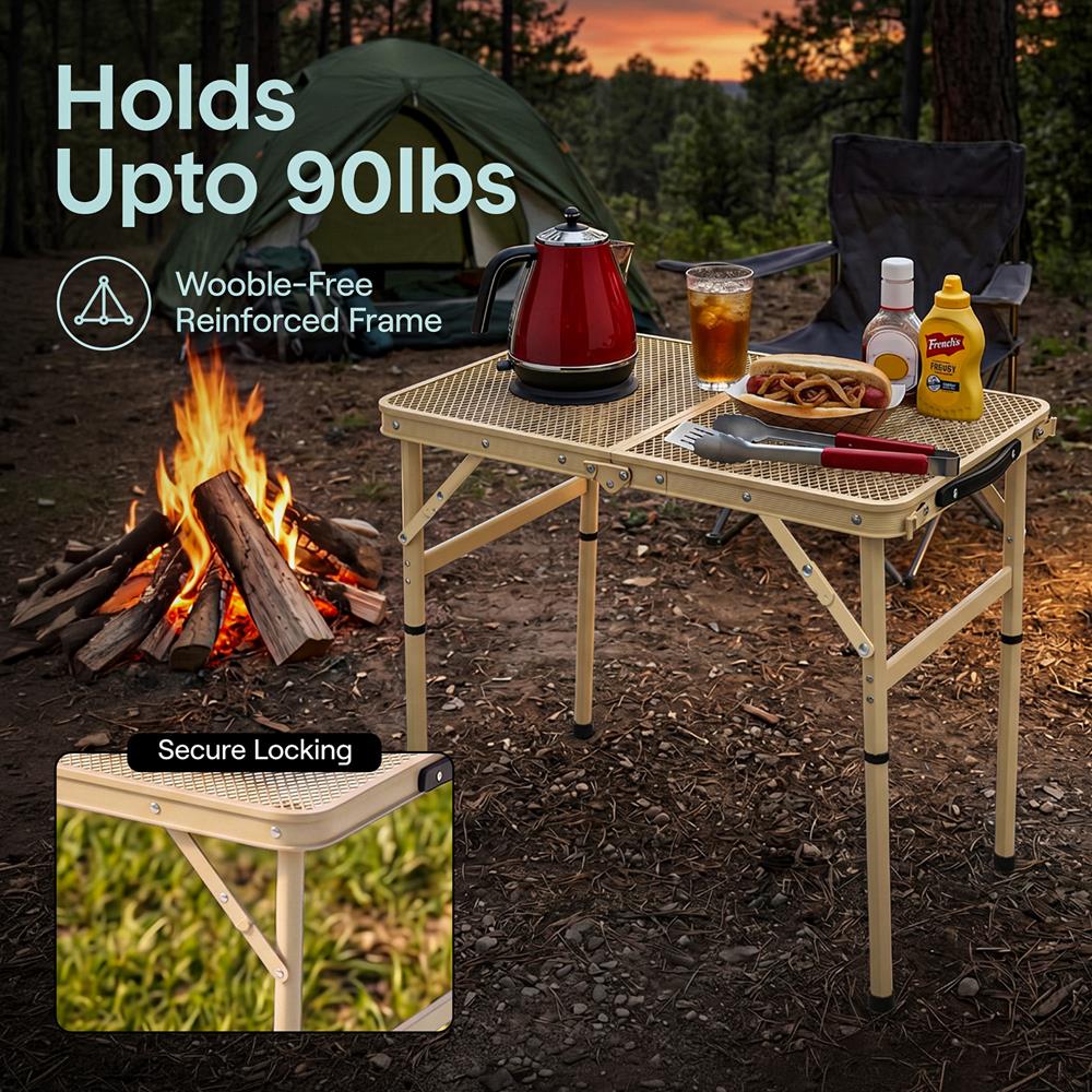 Serenelife Foldable Camping Table - 2Ft Small-Sized Height Adjustable Portable Outdoor Table With Easy Fold Design, Space-Saving Storage, Weather-Resistant Surface For Camping, Fishing, Picnics & Outdoor Adventures (Beige)