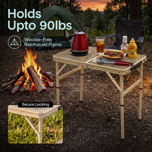 Serenelife Foldable Camping Table - 2Ft Small-Sized Height Adjustable Portable Outdoor Table With Easy Fold Design, Space-Saving Storage, Weather-Resistant Surface For Camping, Fishing, Picnics & Outdoor Adventures (Beige)