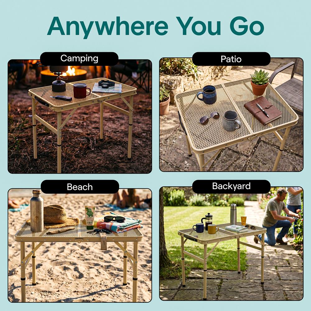 Serenelife Foldable Camping Table - 2Ft Small-Sized Height Adjustable Portable Outdoor Table With Easy Fold Design, Space-Saving Storage, Weather-Resistant Surface For Camping, Fishing, Picnics & Outdoor Adventures (Beige)