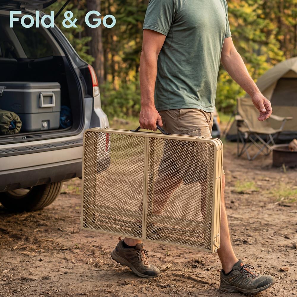 Serenelife Foldable Camping Table - 3Ft Medium-Sized Height Adjustable Portable Outdoor Table With Easy Fold Design, Space-Saving Storage, Weather-Resistant Surface For Camping, Fishing, Picnics & Outdoor Adventures (Beige)