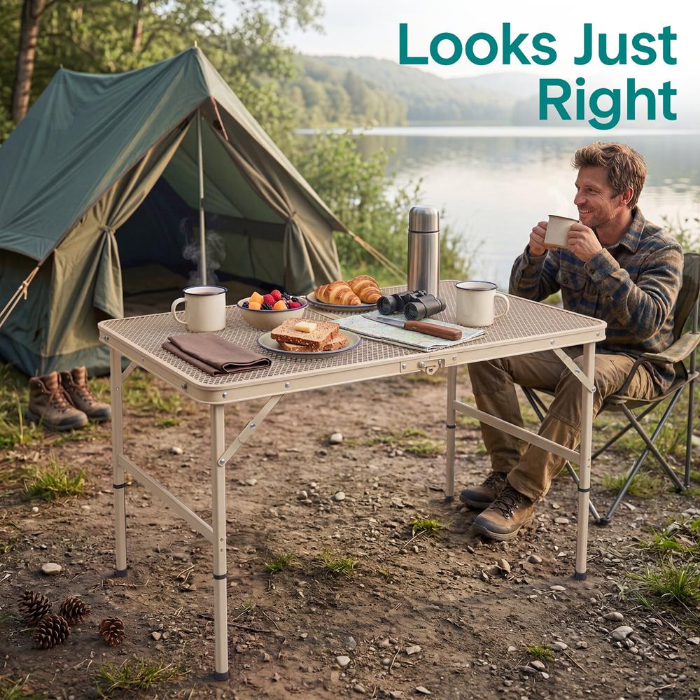 Serenelife Foldable Camping Table - 3Ft Medium-Sized Height Adjustable Portable Outdoor Table With Easy Fold Design, Space-Saving Storage, Weather-Resistant Surface For Camping, Fishing, Picnics & Outdoor Adventures (Beige)
