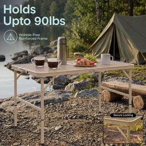Serenelife Foldable Camping Table - 3Ft Medium-Sized Height Adjustable Portable Outdoor Table With Easy Fold Design, Space-Saving Storage, Weather-Resistant Surface For Camping, Fishing, Picnics & Outdoor Adventures (Beige)