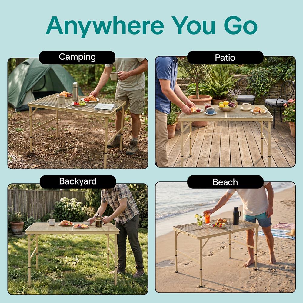 Serenelife Foldable Camping Table - 3Ft Medium-Sized Height Adjustable Portable Outdoor Table With Easy Fold Design, Space-Saving Storage, Weather-Resistant Surface For Camping, Fishing, Picnics & Outdoor Adventures (Beige)