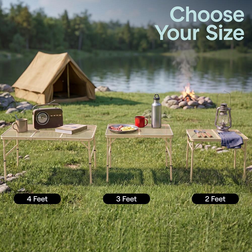 Serenelife Foldable Camping Table - 3Ft Medium-Sized Height Adjustable Portable Outdoor Table With Easy Fold Design, Space-Saving Storage, Weather-Resistant Surface For Camping, Fishing, Picnics & Outdoor Adventures (Beige)