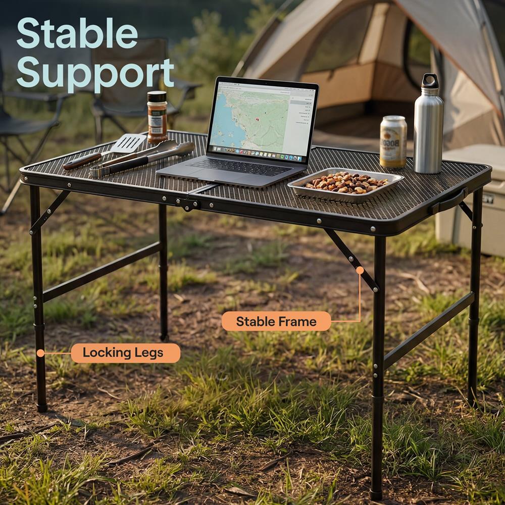 Serenelife Foldable Camping Table - 3Ft Medium-Sized Height Adjustable Portable Outdoor Table With Easy Fold Design, Space-Saving Storage, Weather-Resistant Surface For Camping, Fishing, Picnics & Outdoor Adventures (Black)