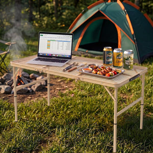 Serenelife Foldable Camping Table - 4Ft Large-Sized Height Adjustable Portable Outdoor Table With Easy Fold Design, Space-Saving Storage, Weather-Resistant Surface For Camping, Fishing, Picnics & Outdoor Adventures (Beige)