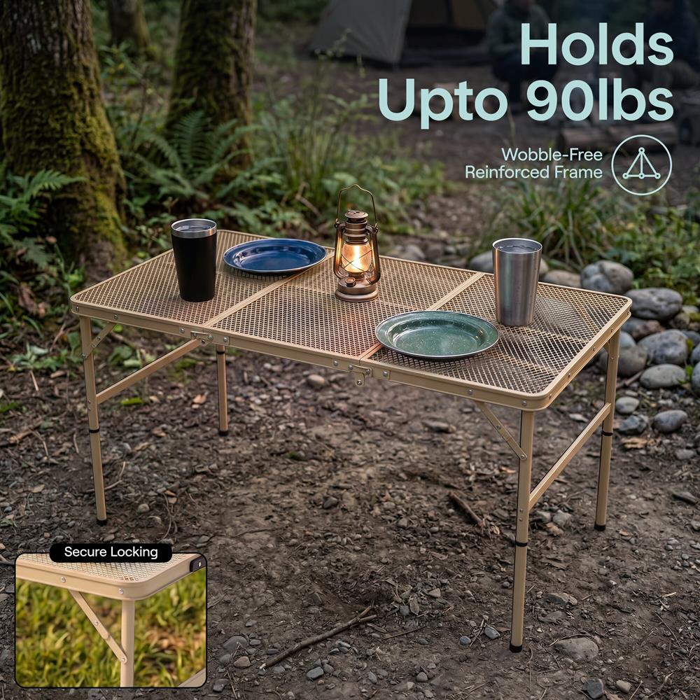 Serenelife Foldable Camping Table - 4Ft Large-Sized Height Adjustable Portable Outdoor Table With Easy Fold Design, Space-Saving Storage, Weather-Resistant Surface For Camping, Fishing, Picnics & Outdoor Adventures (Beige)