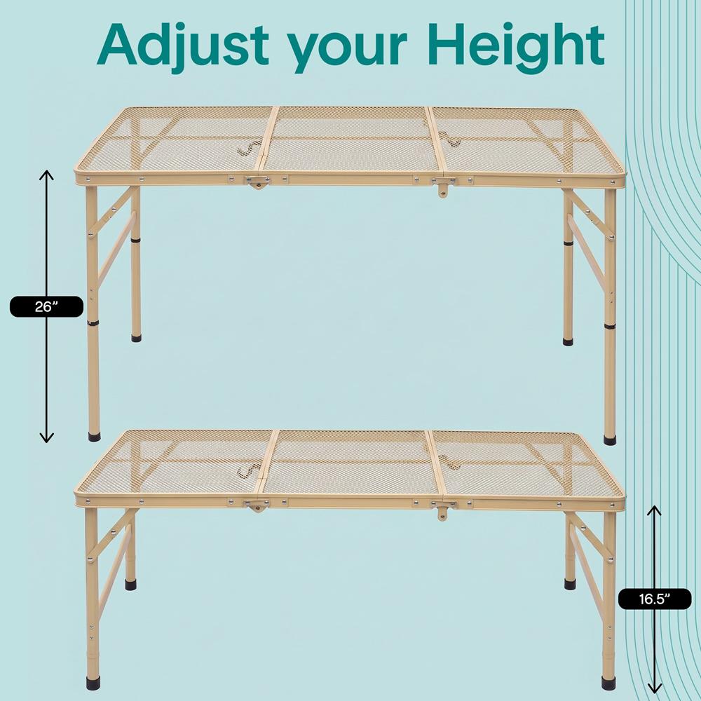 Serenelife Foldable Camping Table - 4Ft Large-Sized Height Adjustable Portable Outdoor Table With Easy Fold Design, Space-Saving Storage, Weather-Resistant Surface For Camping, Fishing, Picnics & Outdoor Adventures (Beige)