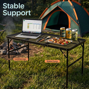 Serenelife Foldable Camping Table - 4Ft Large-Sized Height Adjustable Portable Outdoor Table With Easy Fold Design, Space-Saving Storage, Weather-Resistant Surface For Camping, Fishing, Picnics & Outdoor Adventures (Black)