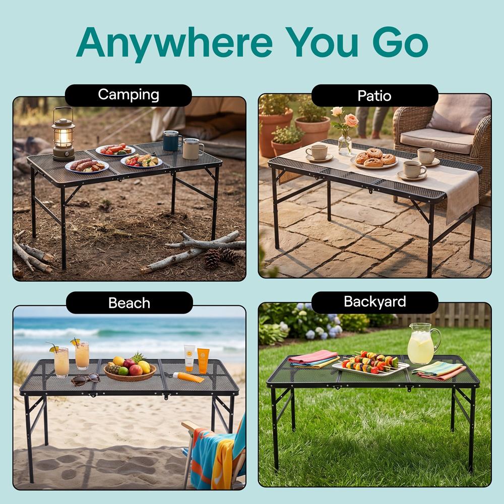 Serenelife Foldable Camping Table - 4Ft Large-Sized Height Adjustable Portable Outdoor Table With Easy Fold Design, Space-Saving Storage, Weather-Resistant Surface For Camping, Fishing, Picnics & Outdoor Adventures (Black)