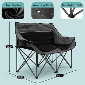 Portable Folding Double Camping Loveseat Chair With Wine Glass Holders – Ideal For Beach Or Outdoor Use (Black)
