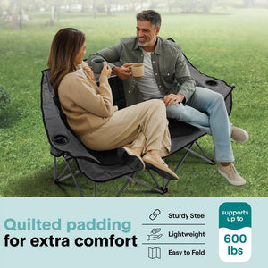 Portable Folding Double Camping Loveseat Chair With Wine Glass Holders – Ideal For Beach Or Outdoor Use (Black)