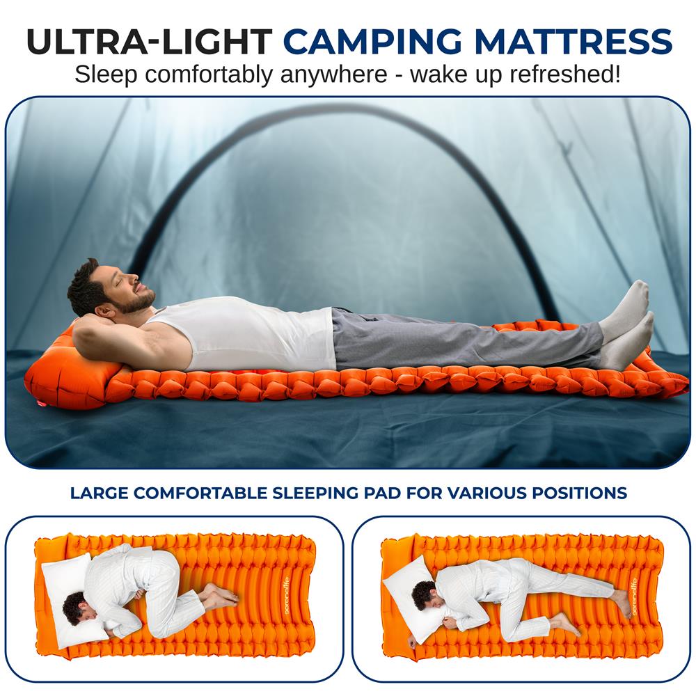 Sleeping Pad with Pillow - Fast Inflation, Tear-Resistant, Orange