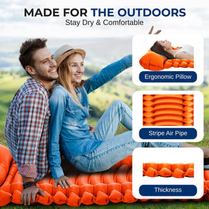 Sleeping Pad with Pillow - Fast Inflation, Tear-Resistant, Orange
