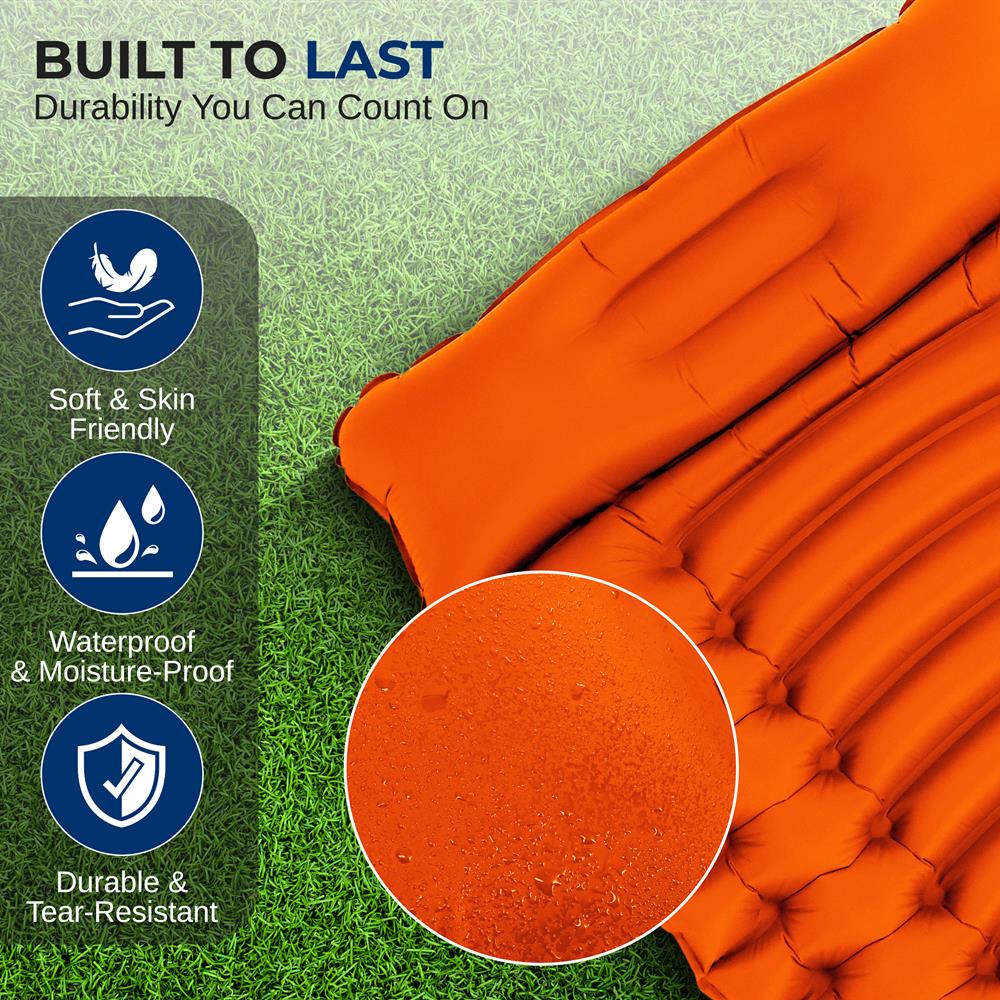 Sleeping Pad with Pillow - Fast Inflation, Tear-Resistant, Orange