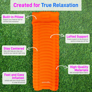 Sleeping Pad with Pillow - Fast Inflation, Tear-Resistant, Orange