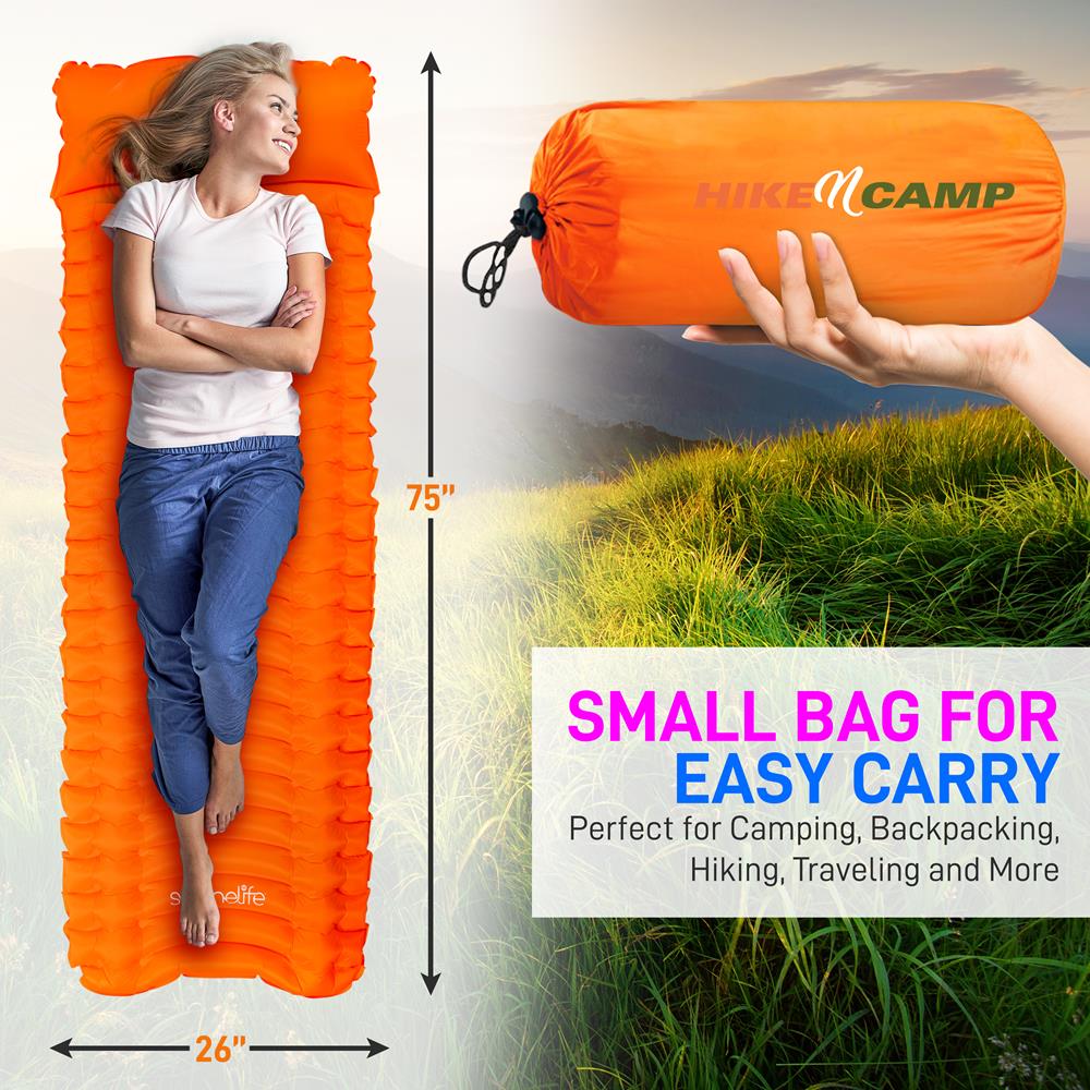 Sleeping Pad with Pillow - Fast Inflation, Tear-Resistant, Orange