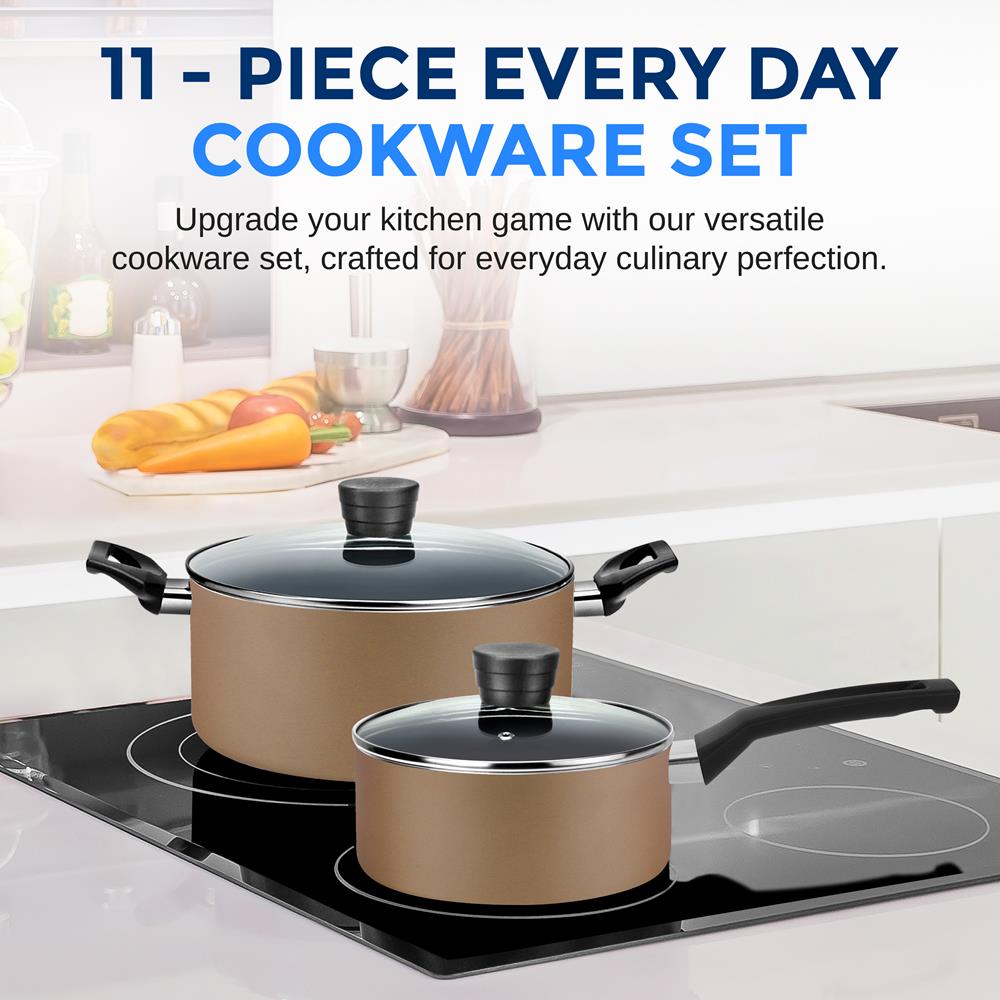 11-Piece Non-Stick Cookware Set, Even Heat, Gold