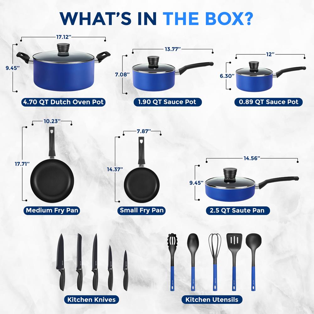 20-Piece Cookware Set, Even Heat, Nonstick Coating, Blue