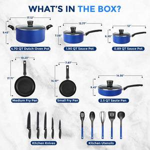 20-Piece Cookware Set, Even Heat, Nonstick Coating, Blue