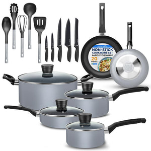 Kitchenware Pots & Pans Set – Basic Kitchen Cookware, Black Non-Stick Coating Inside, Heat Resistant Lacquer (20-Piece Set)