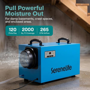 Serenelife Portable Commercial Crawl Space Dehumidifier – Energy-Efficient, 120 Ppd Moisture Removal, Low Noise, Auto Defrost, Cetl Listed, Ideal For Basements & Damp Areas (Blue)