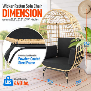 Wicker Rattan Sofa Chair - Indoor/Outdoor Egg Chair For Patio Backyard And Living Room With 4 Cushions And Steel Frame (Black)