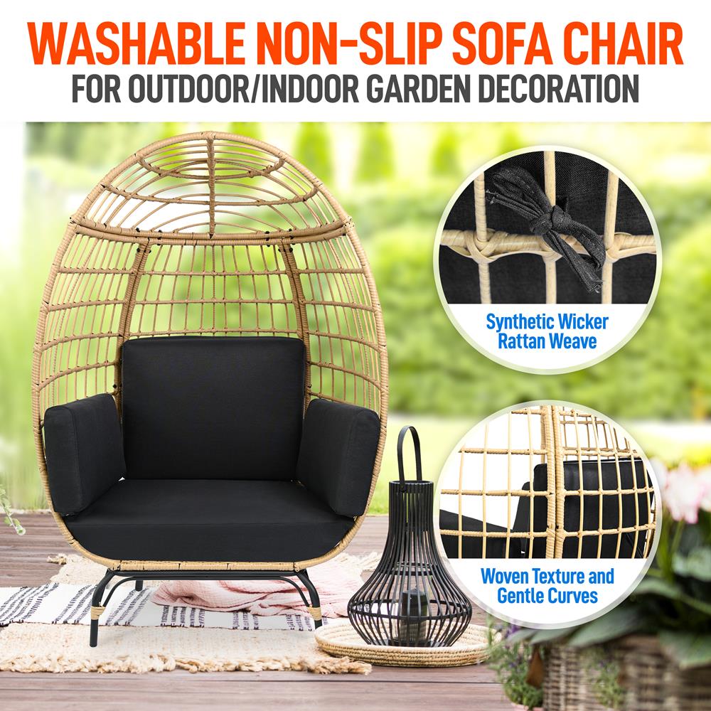 Wicker Rattan Sofa Chair - Indoor/Outdoor Egg Chair For Patio Backyard And Living Room With 4 Cushions And Steel Frame (Black)